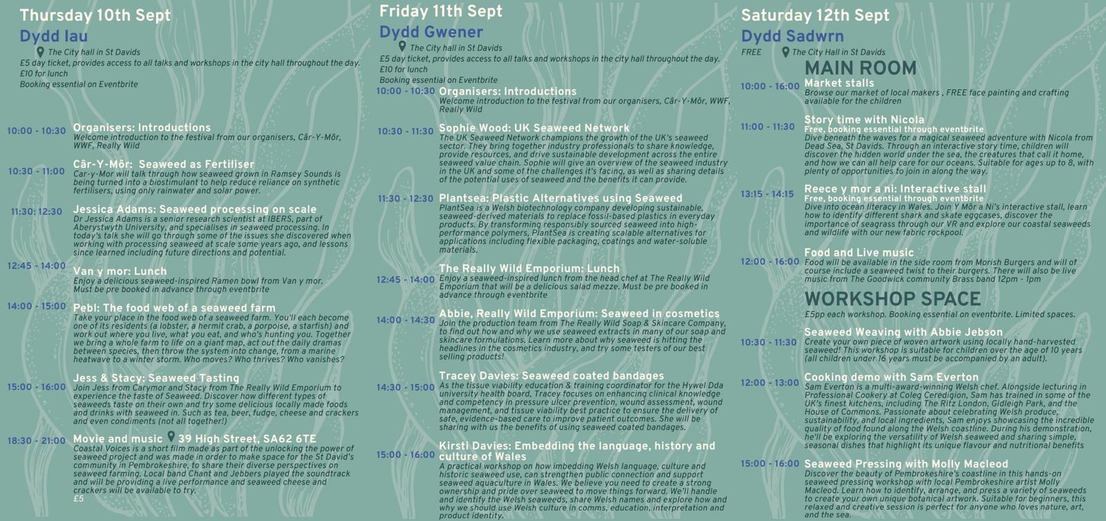 Wales Festival of Seaweed schedule — talks, workshops and events for Thursday 10th, Friday 11th and Saturday 12th September at St Davids City Hall